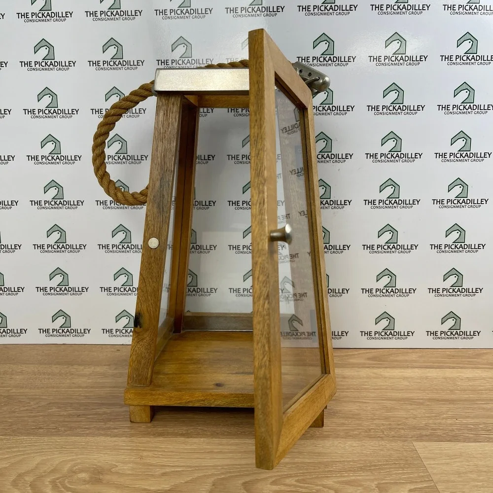 Rustic Wood and Glass Teak Lantern Rope Handle Nautical Farmhouse Decor 14 Inch